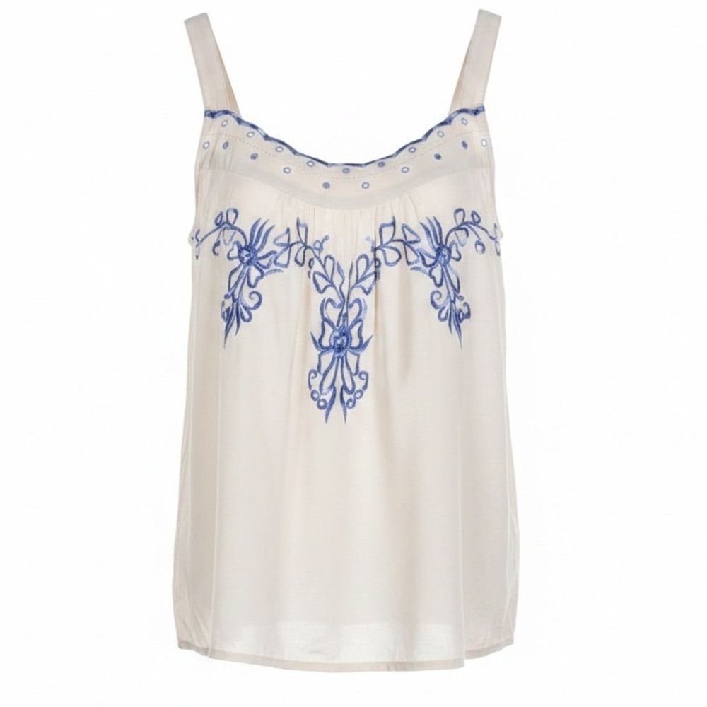 Lauren Conrad Romantic Cream Blouse blue embroidered flowers medium Bow Detail